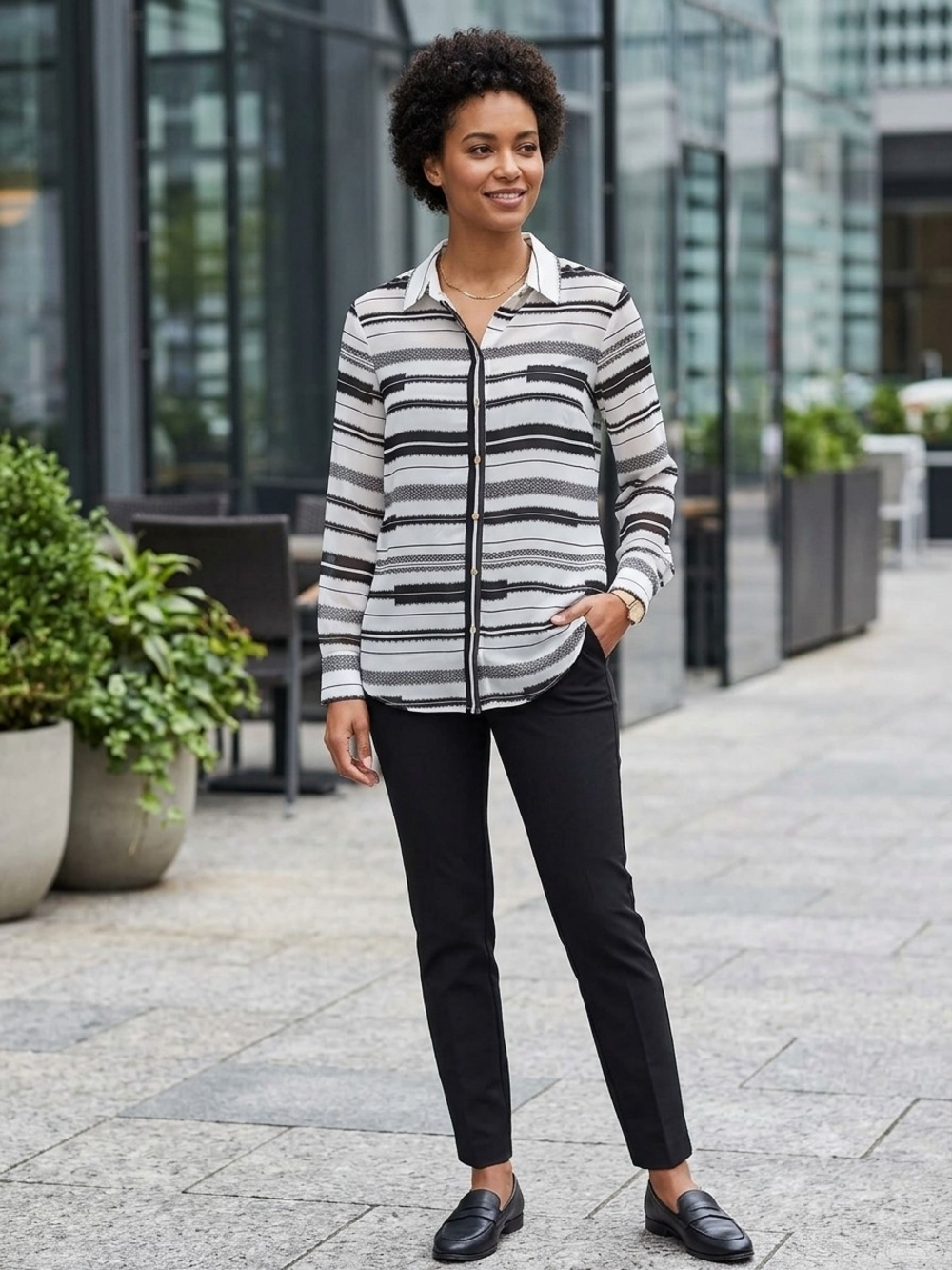 Ivanka Trump Black and White Striped Button-Front Blouse
